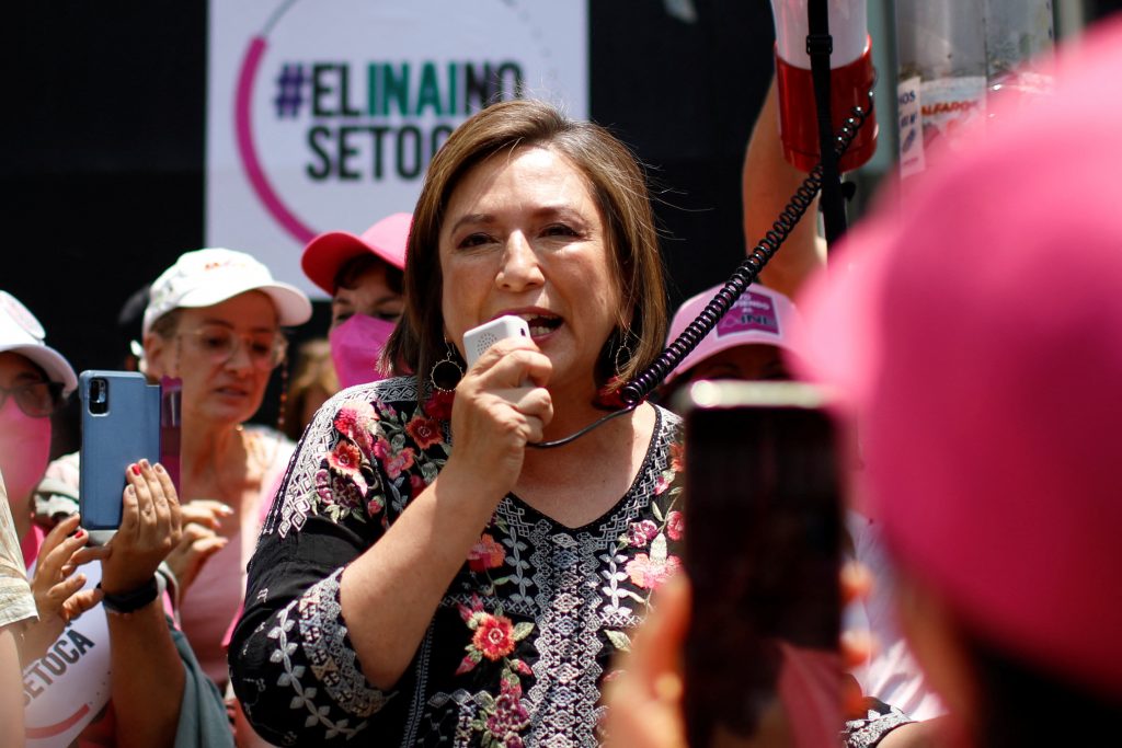 Mexican Senator Xochitl Galvez speaks during a protest in Mexico City